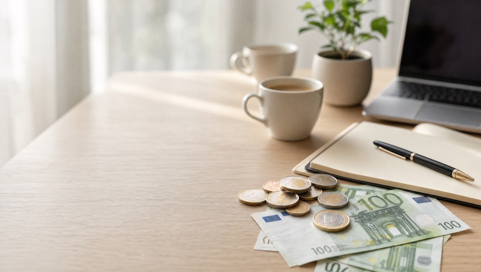 Schreibtisch mit Euro-Scheinen, Münzen und Unterlagen