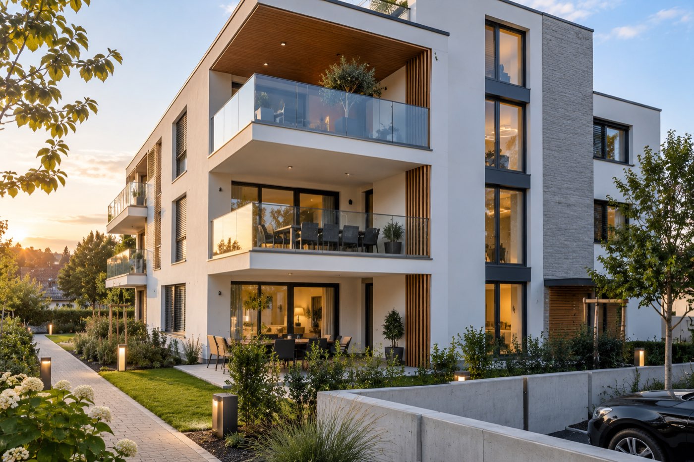 Fertiggestellte Neubau-Wohnanlage in der Abendsonne